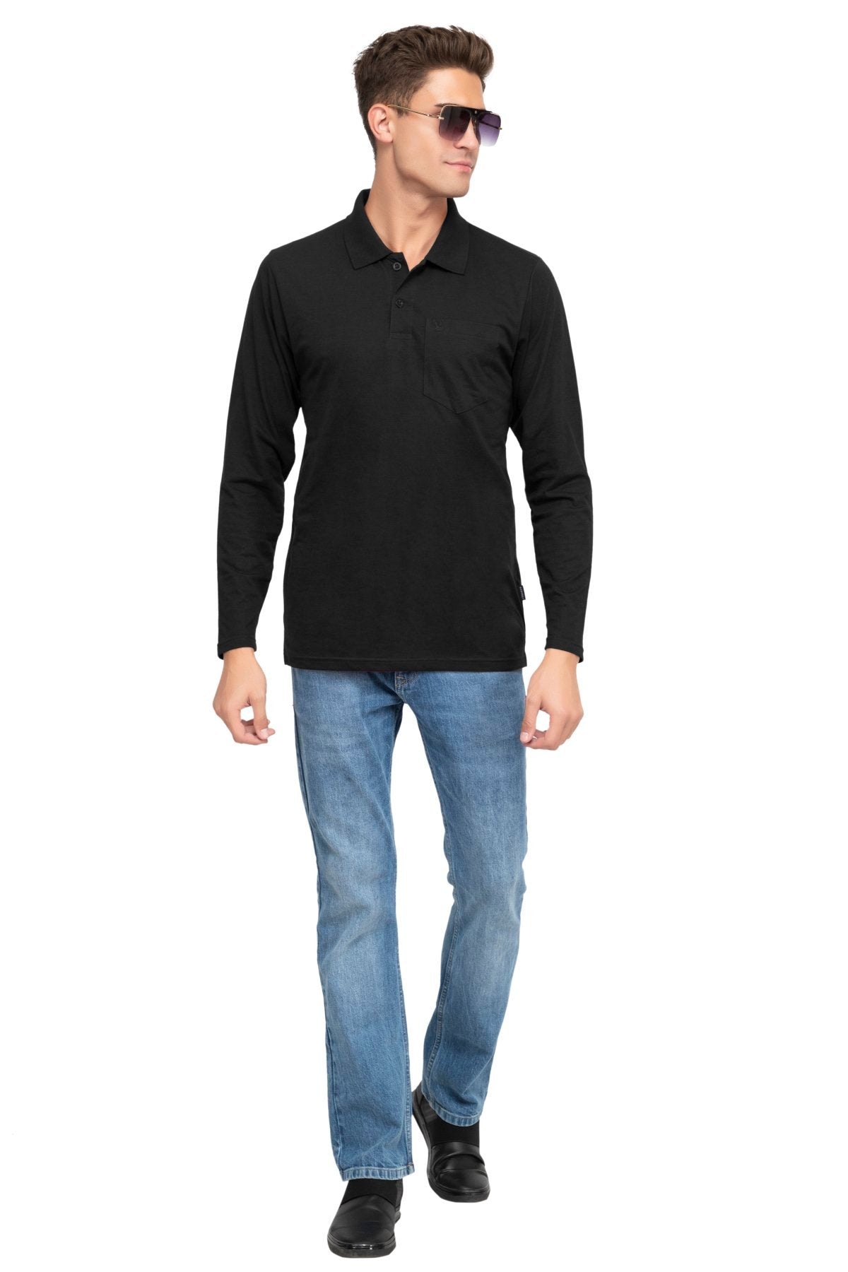 Black Solid Cotton Full Sleeve Men Polo T Shirts
