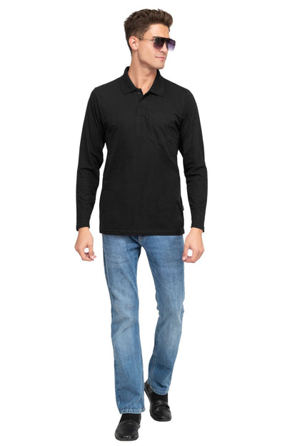 Black Solid Cotton Full Sleeve Men Polo T Shirts