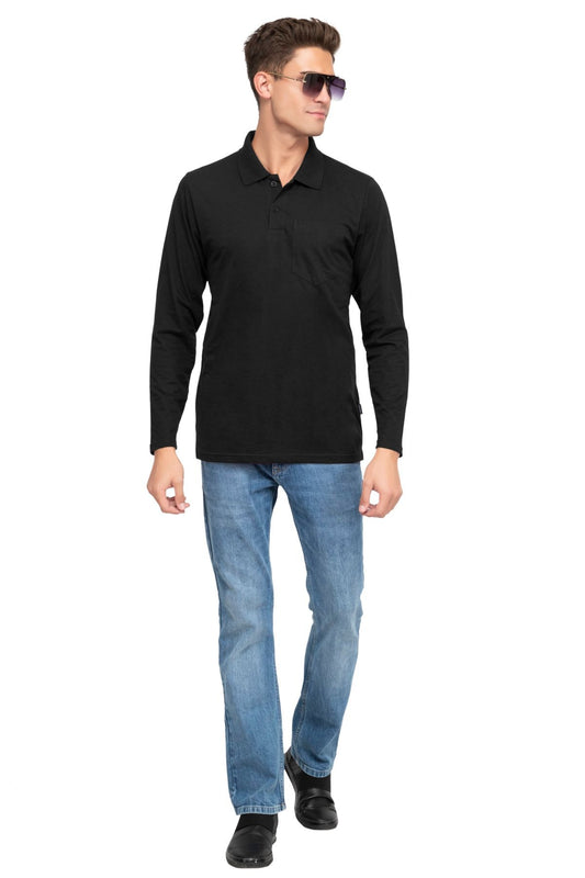 Black Solid Cotton Full Sleeve Men Polo T Shirts