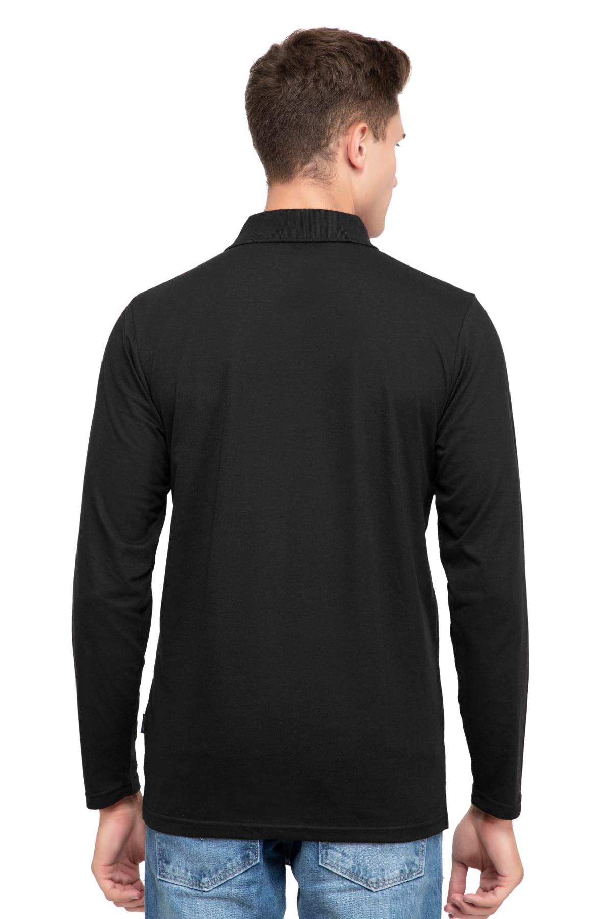 Black Solid Cotton Full Sleeve Men Polo T Shirts