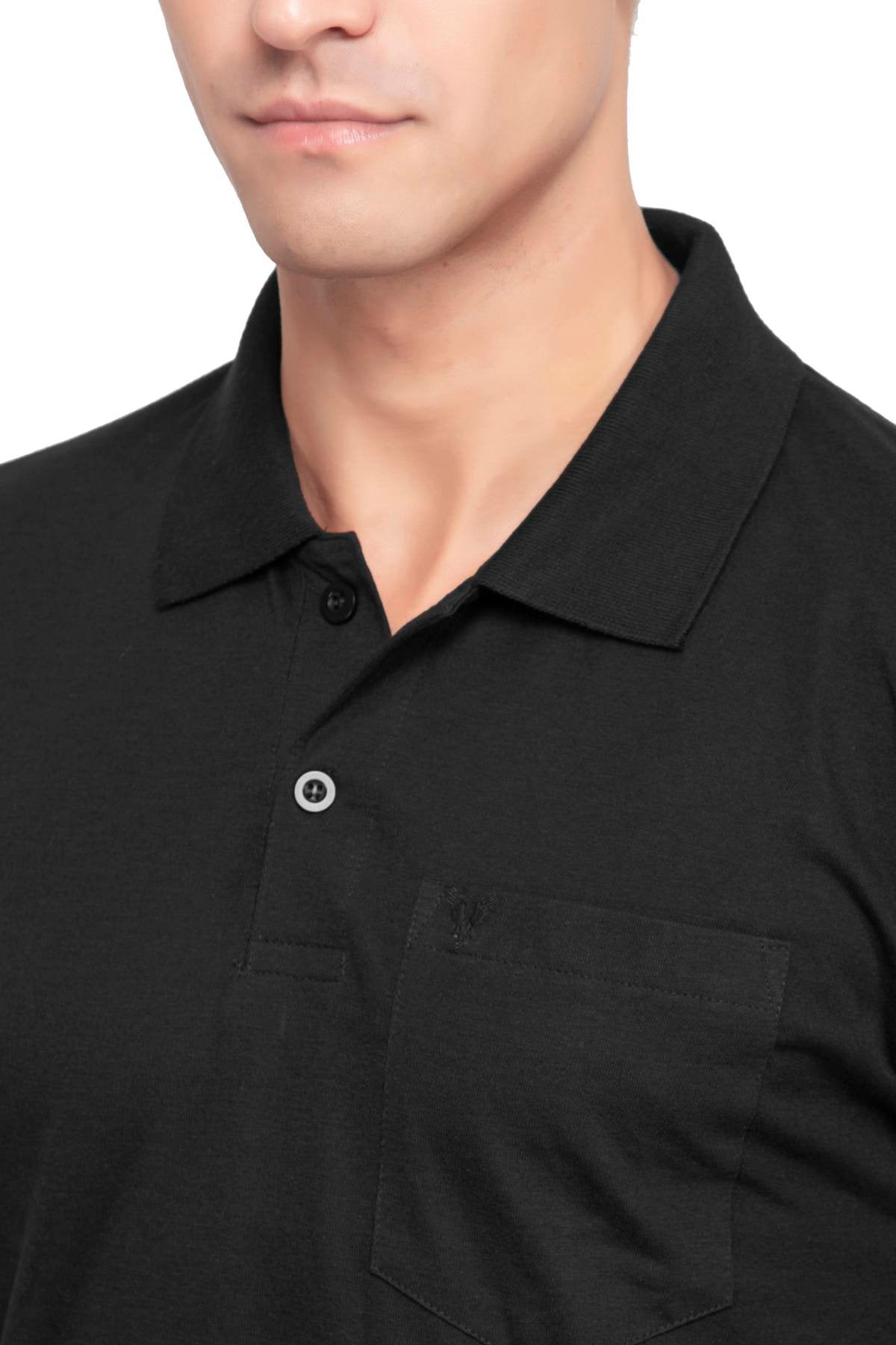 Black Solid Cotton Full Sleeve Men Polo T Shirts