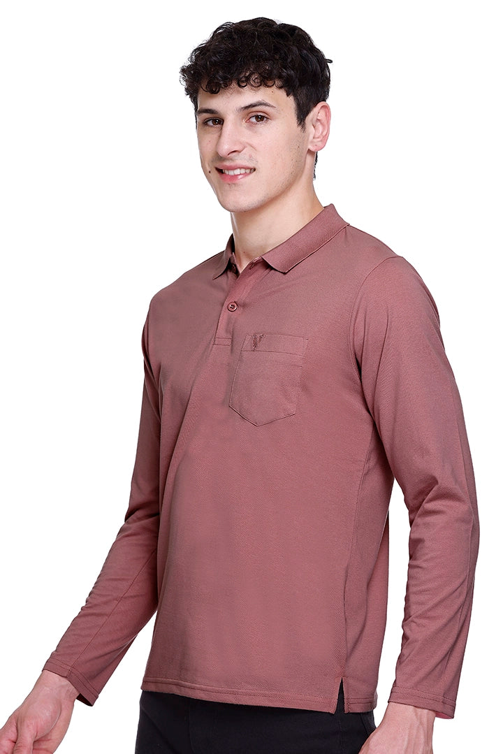 Brick Copper Solid Cotton Full Sleeve Polo T Shirts Men