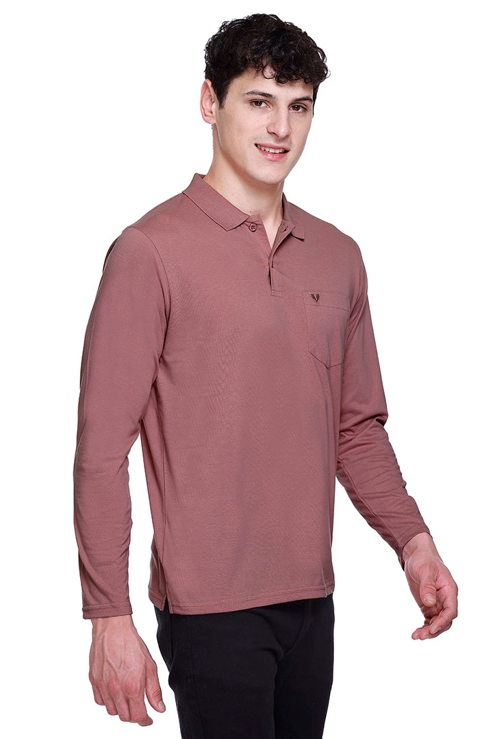 Brick Copper Solid Cotton Full Sleeve Polo T Shirts Men
