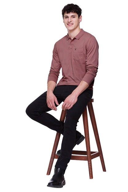 Brick Copper Solid Cotton Full Sleeve Polo T Shirts Men