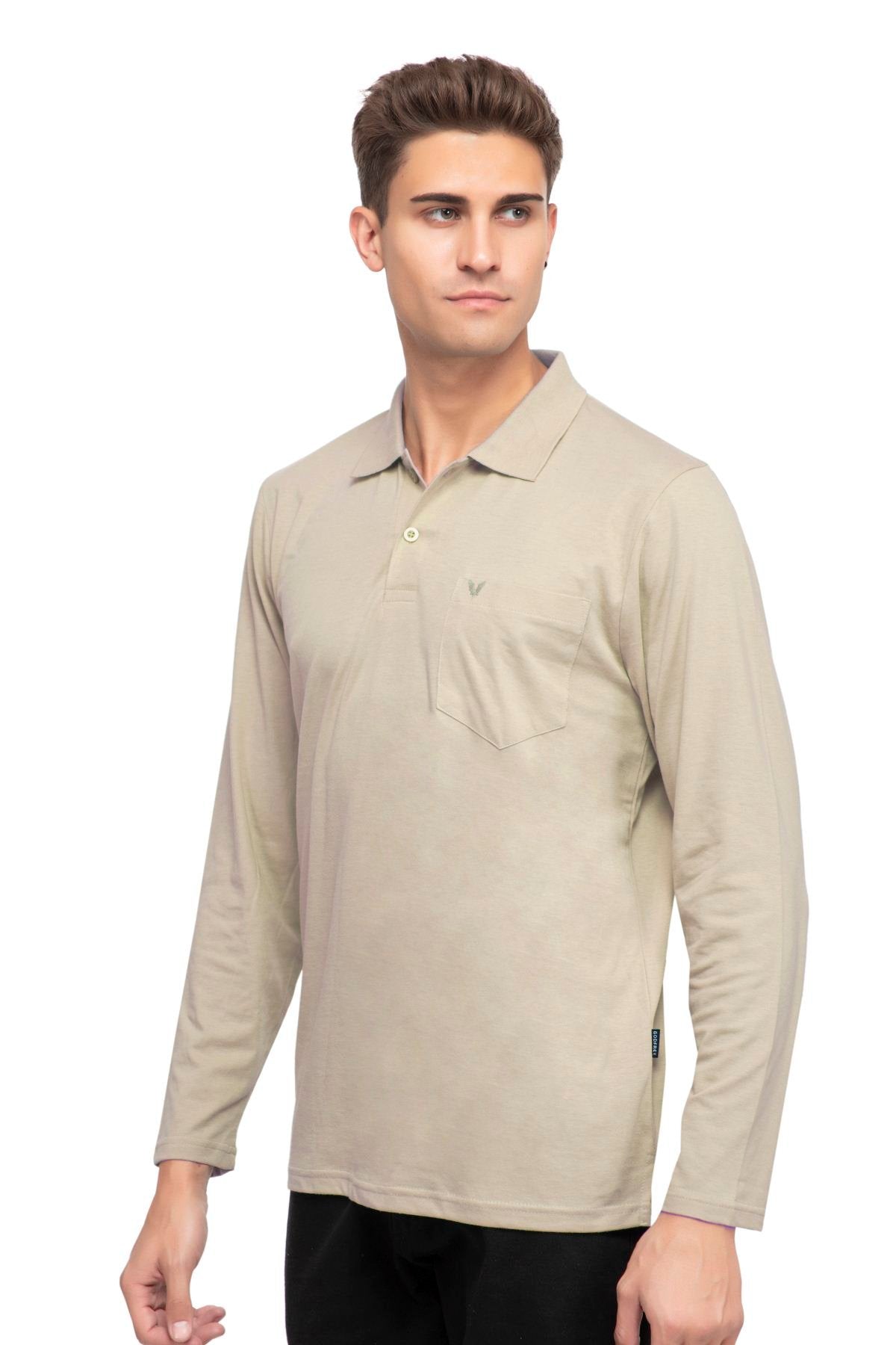 Biege Solid Cotton Full Sleeve Polo T Shirts Men