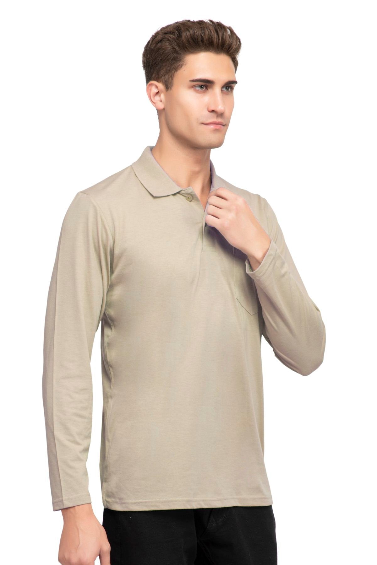 Biege Solid Cotton Full Sleeve Polo T Shirts Men