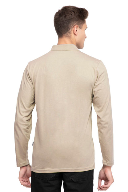 Biege Solid Cotton Full Sleeve Polo T Shirts Men