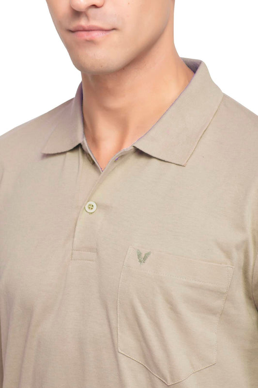Biege Solid Cotton Full Sleeve Polo T Shirts Men