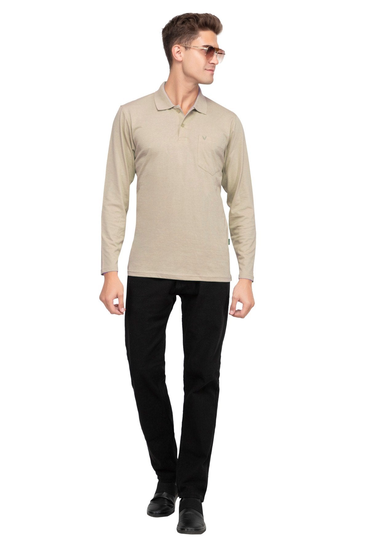 Biege Solid Cotton Full Sleeve Polo T Shirts Men