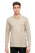 Biege Solid Cotton Full Sleeve Polo T Shirts Men