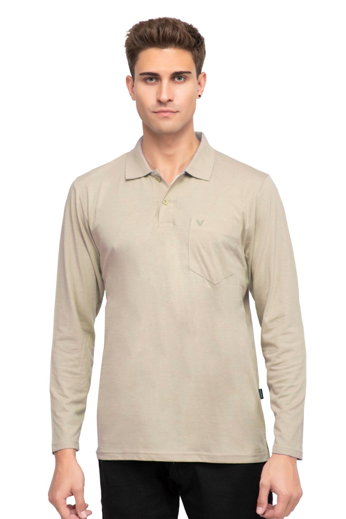 Biege Solid Cotton Full Sleeve Polo T Shirts Men