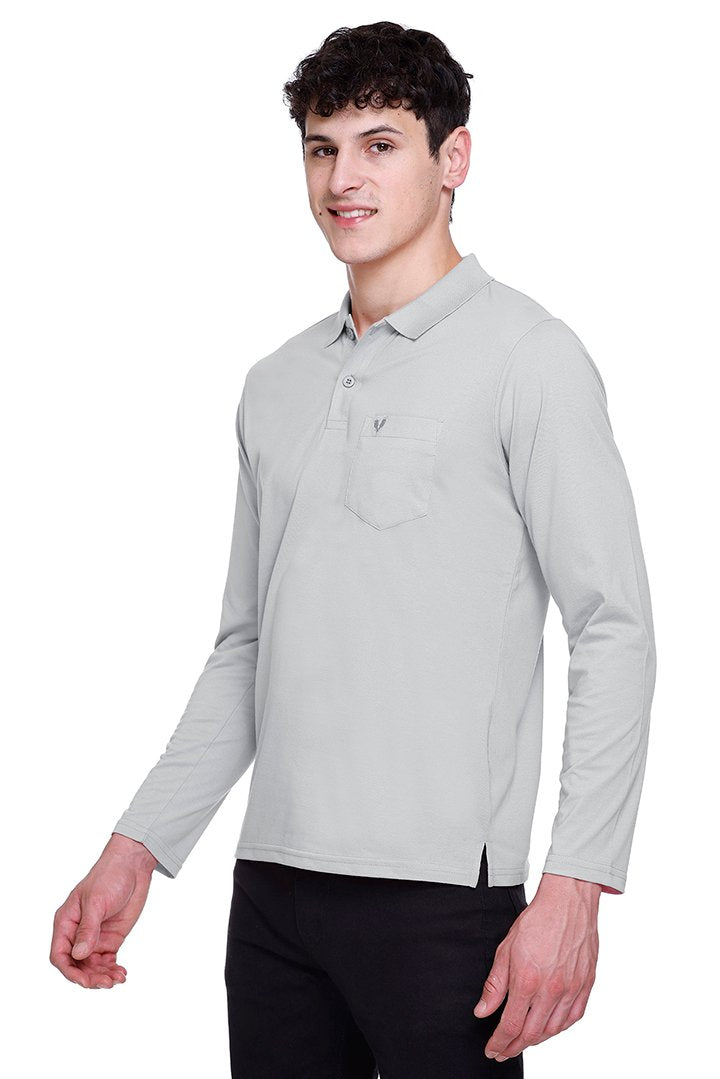 Light Grey Solid Cotton Full Sleeve Polo T Shirts Men