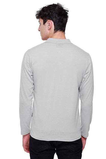 Light Grey Solid Cotton Full Sleeve Polo T Shirts Men