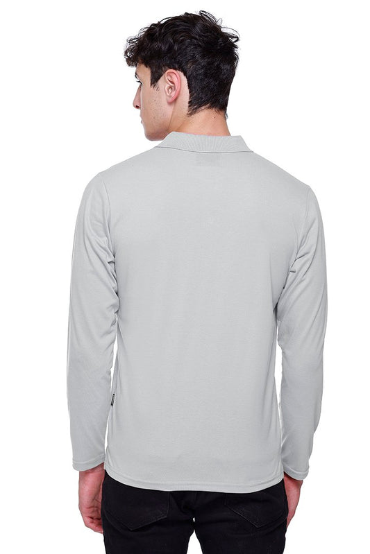 Light Grey Solid Cotton Full Sleeve Polo T Shirts Men