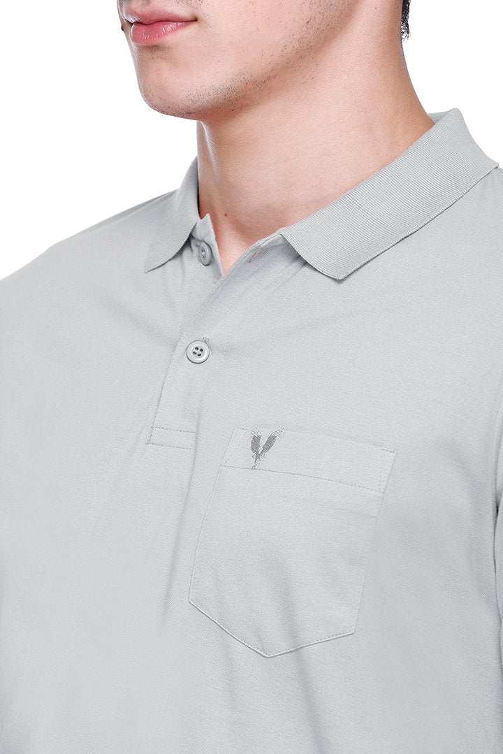 Light Grey Solid Cotton Full Sleeve Polo T Shirts Men