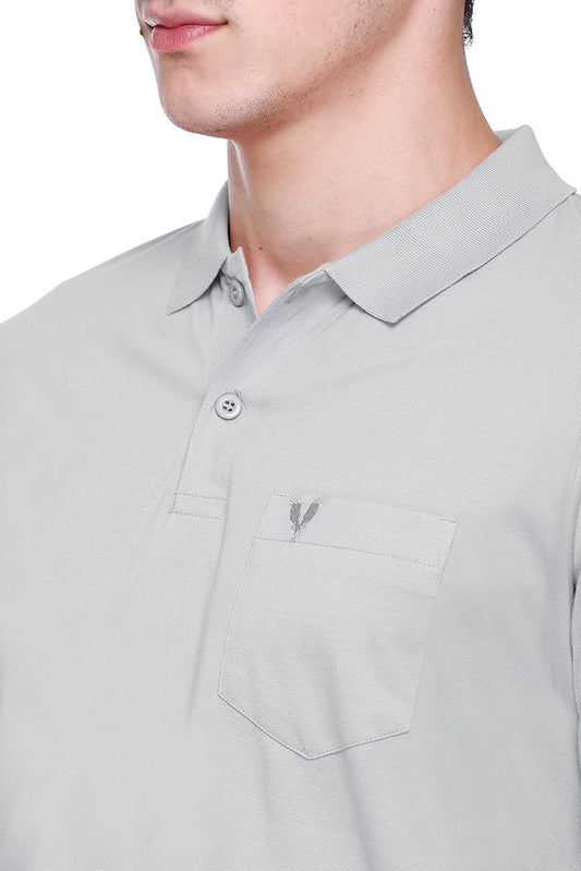 Light Grey Solid Cotton Full Sleeve Polo T Shirts Men