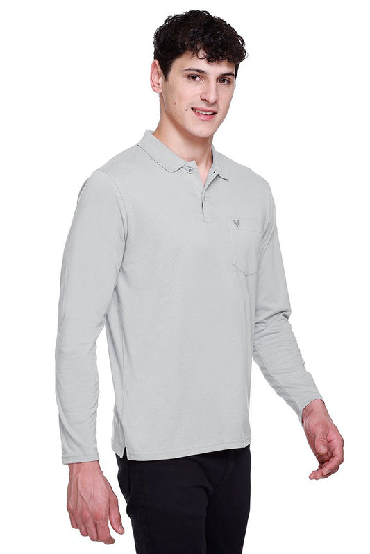 Light Grey Solid Cotton Full Sleeve Polo T Shirts Men