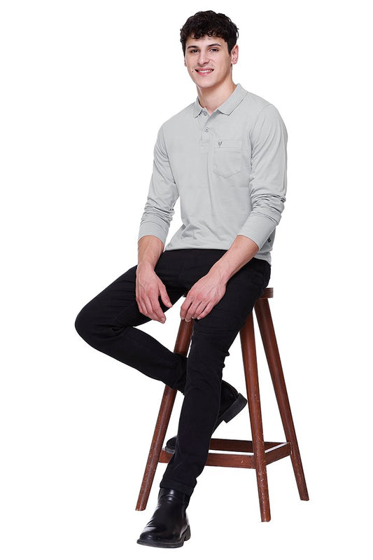 Light Grey Solid Cotton Full Sleeve Polo T Shirts Men