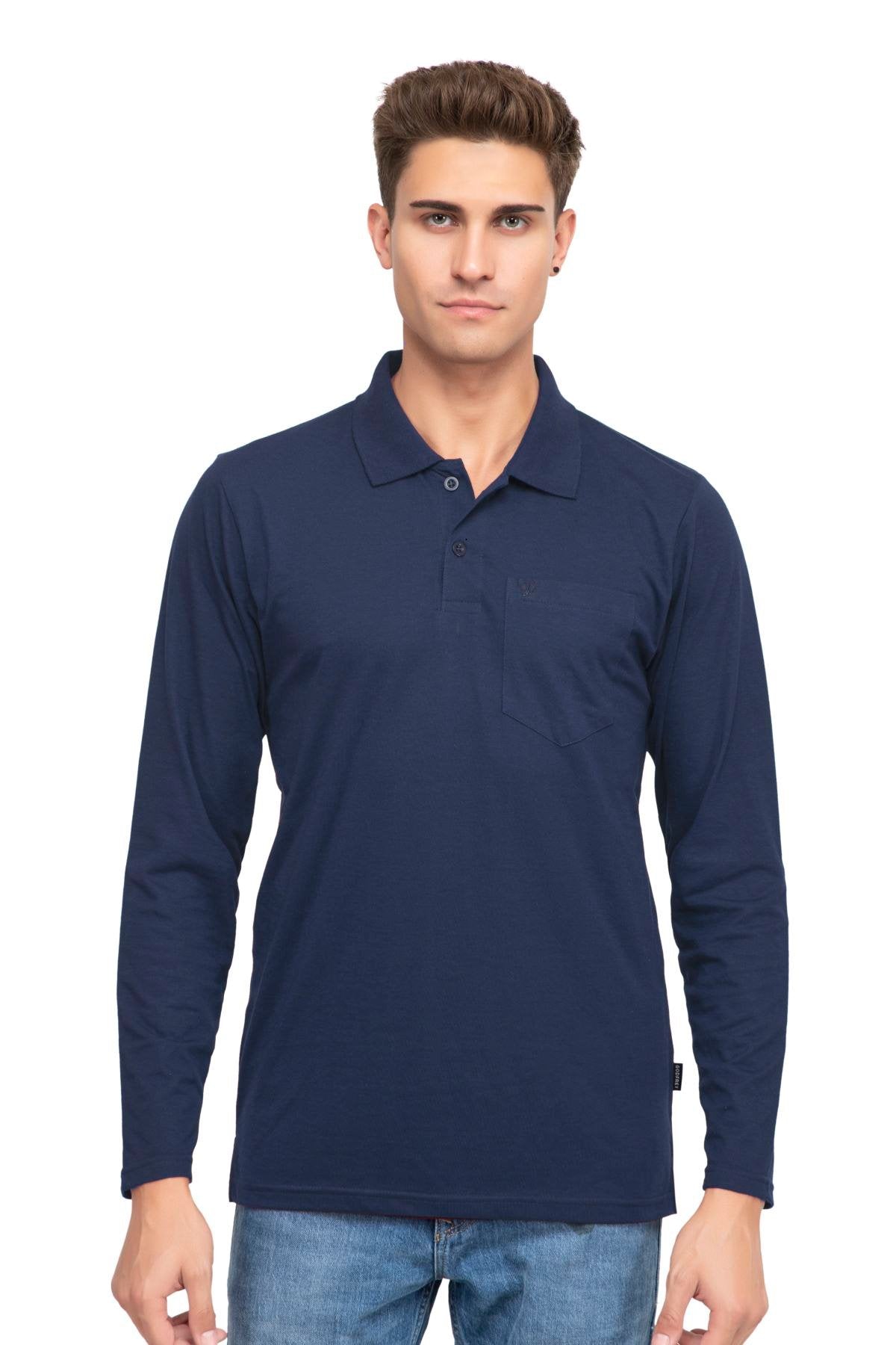 Navy Solid Cotton Full Sleeve Men Polo T Shirts