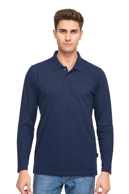 Navy Solid Cotton Full Sleeve Men Polo T Shirts