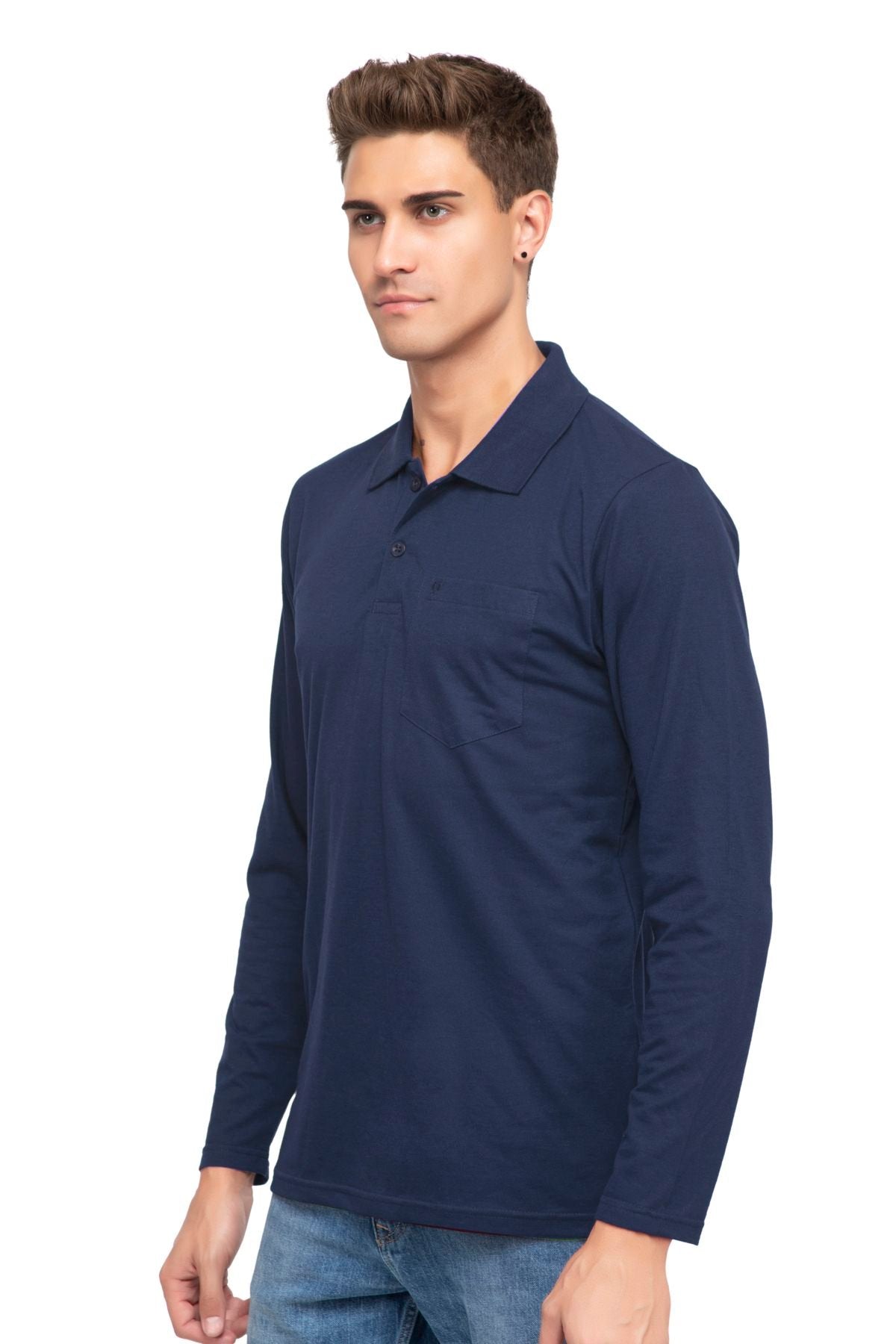 Navy Solid Cotton Full Sleeve Men Polo T Shirts