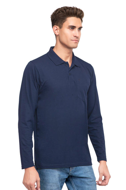 Navy Solid Cotton Full Sleeve Men Polo T Shirts