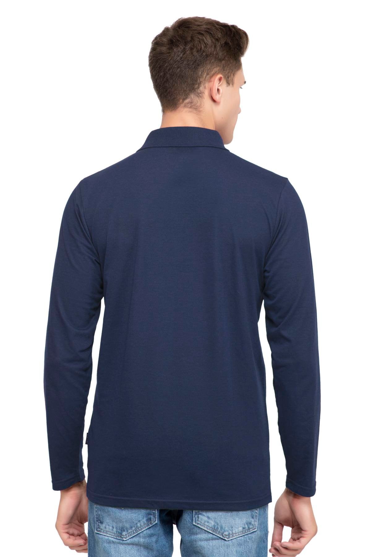 Navy Solid Cotton Full Sleeve Men Polo T Shirts