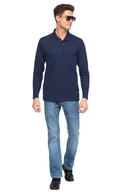Navy Solid Cotton Full Sleeve Men Polo T Shirts
