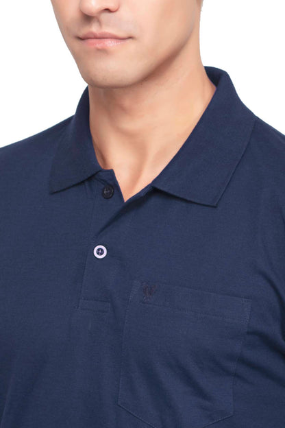 Navy Solid Cotton Full Sleeve Men Polo T Shirts