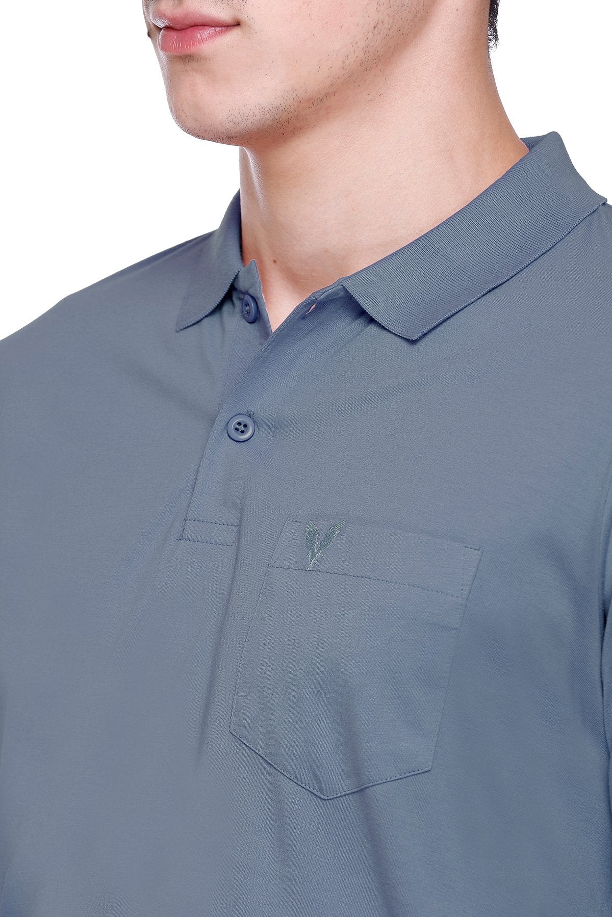 Blue Solid Cotton Full Sleeve Polo T Shirts Men