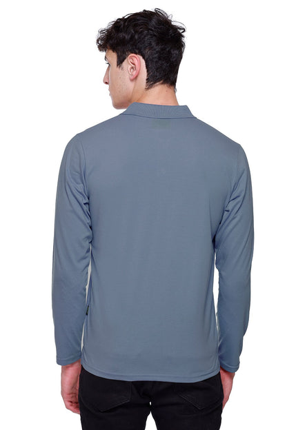 Blue Solid Cotton Full Sleeve Polo T Shirts Men