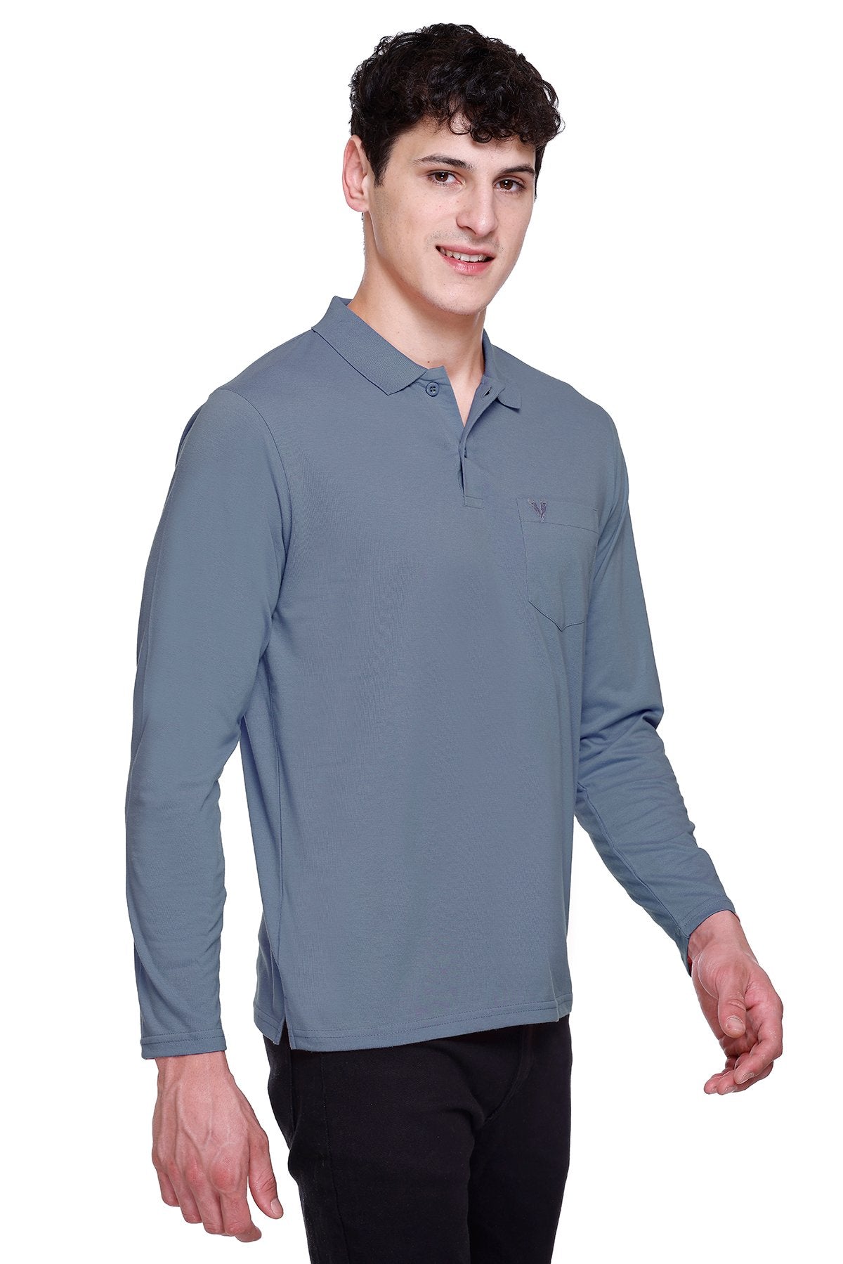 Blue Solid Cotton Full Sleeve Polo T Shirts Men