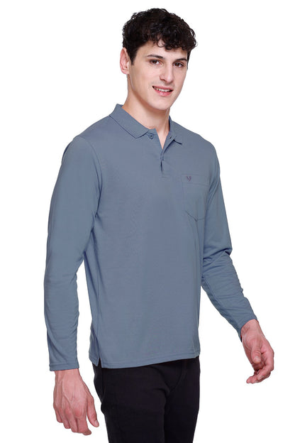 Blue Solid Cotton Full Sleeve Polo T Shirts Men