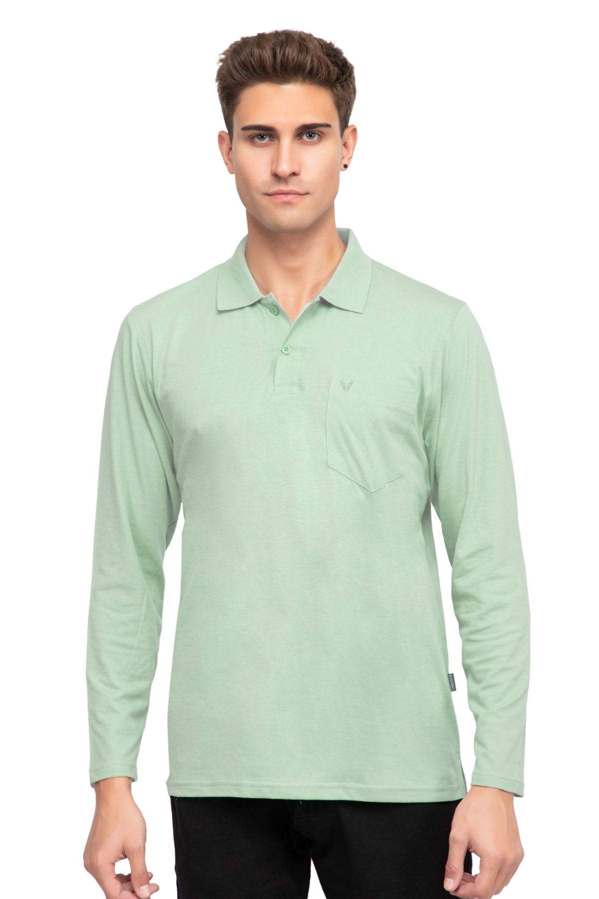Ocean Green Solid Cotton Full Sleeve Polo T Shirts Men