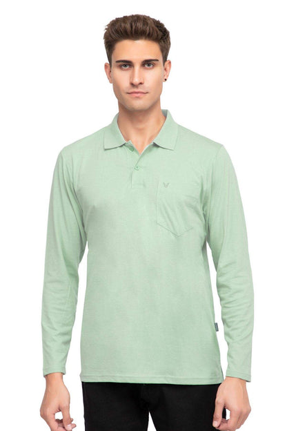 Ocean Green Solid Cotton Full Sleeve Polo T Shirts Men