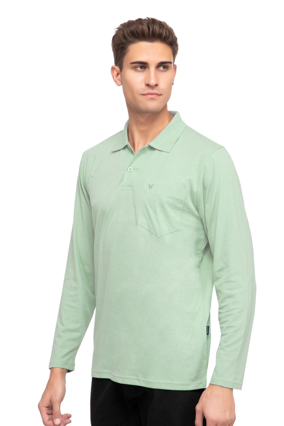 Ocean Green Solid Cotton Full Sleeve Polo T Shirts Men