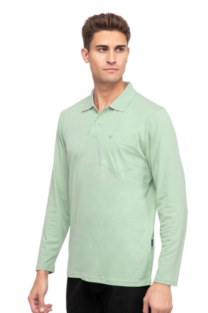Ocean Green Solid Cotton Full Sleeve Polo T Shirts Men