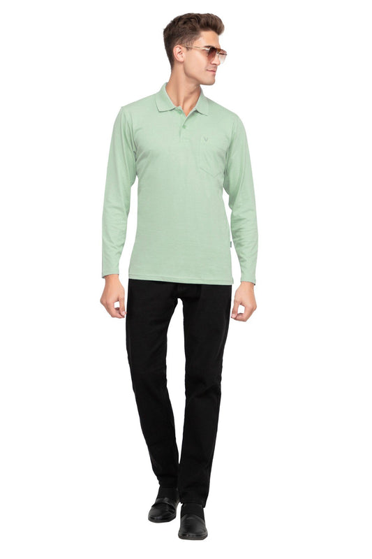 Ocean Green Solid Cotton Full Sleeve Polo T Shirts Men
