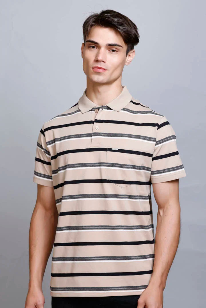 Beige Striped Half Sleeve Men Polo tshirt With Pocket