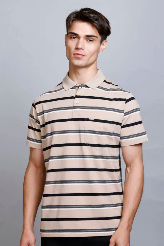 Beige Striped Half Sleeve Men Polo tshirt With Pocket