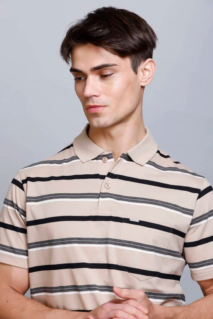 Beige Striped Half Sleeve Men Polo tshirt With Pocket