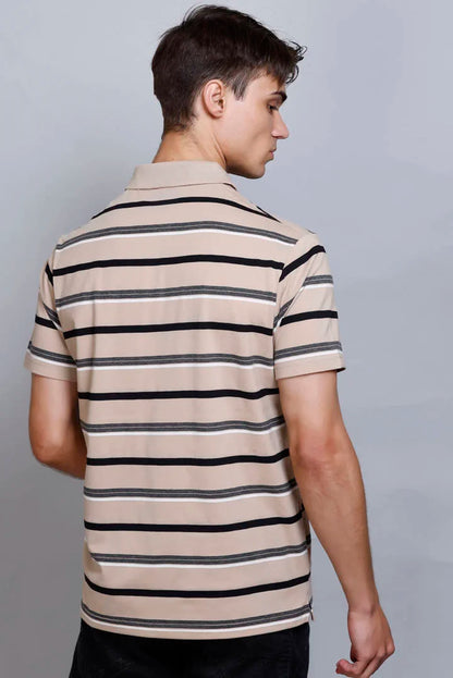 Beige Striped Half Sleeve Men Polo tshirt With Pocket