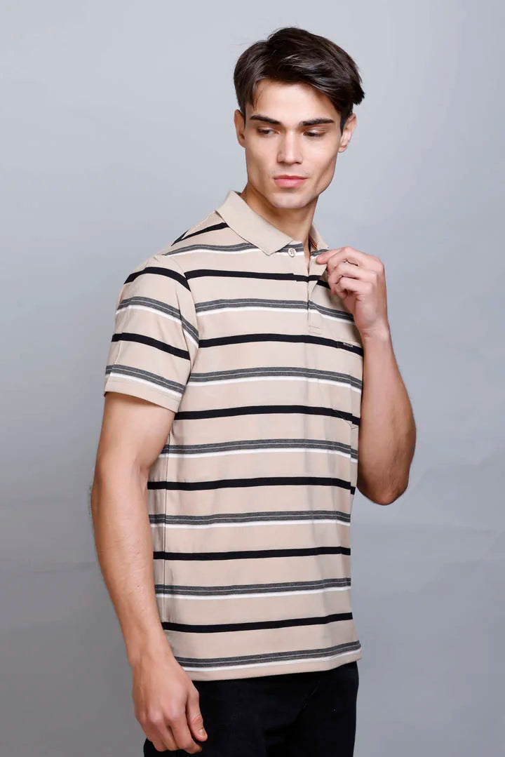 Beige Striped Half Sleeve Men Polo tshirt With Pocket