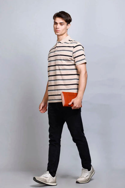 Beige Striped Half Sleeve Men Polo tshirt With Pocket