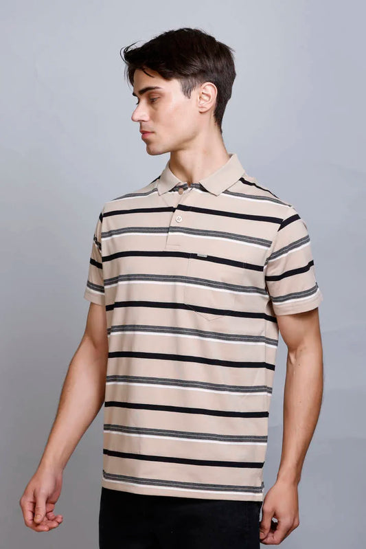 Beige Striped Half Sleeve Men Polo tshirt With Pocket