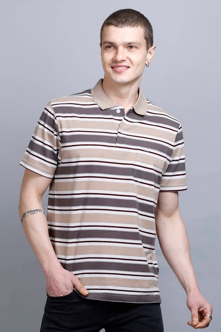 Beige Striped Half Sleeve Men Polo T-Shirt With Pocket