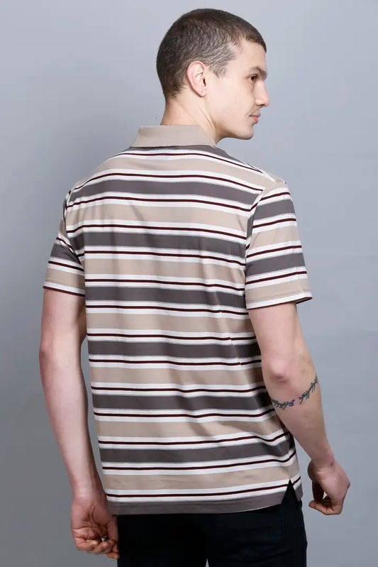 Beige Striped Half Sleeve Men Polo T-Shirt With Pocket