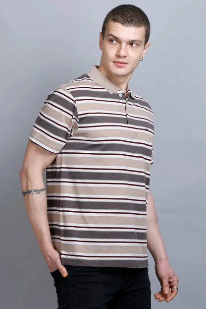 Beige Striped Half Sleeve Men Polo T-Shirt With Pocket