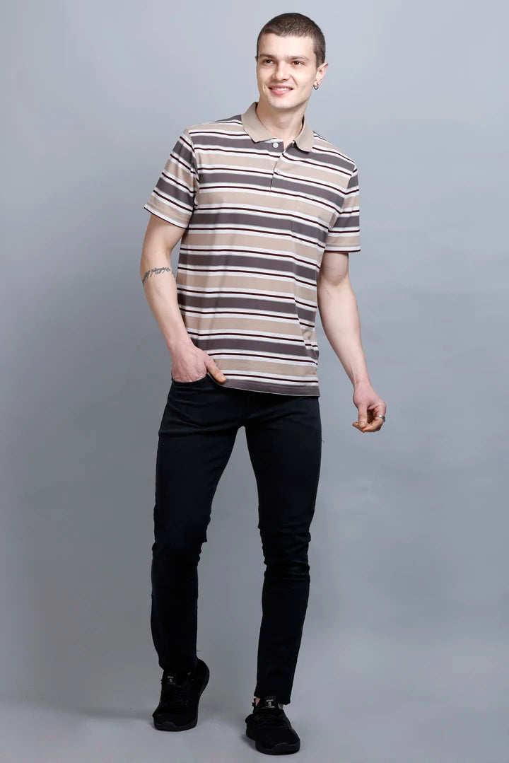 Beige Striped Half Sleeve Men Polo T-Shirt With Pocket