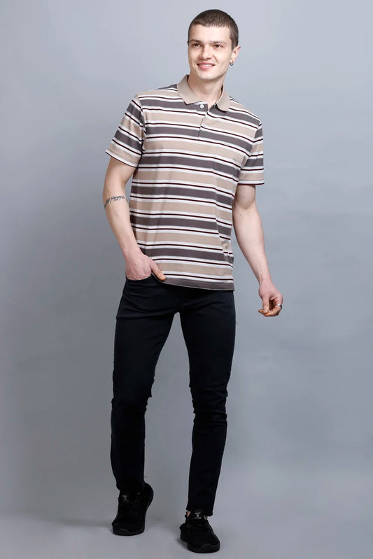 Beige Striped Half Sleeve Men Polo T-Shirt With Pocket